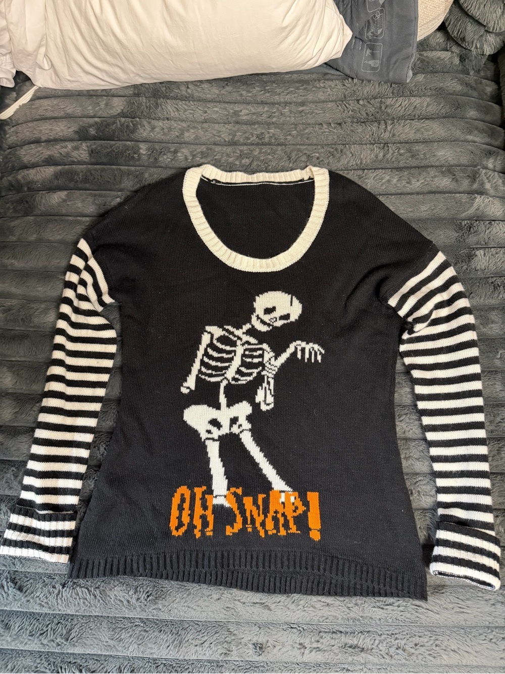 Black & White Skeletal Graphic Crewneck Sweater with Orange Accent